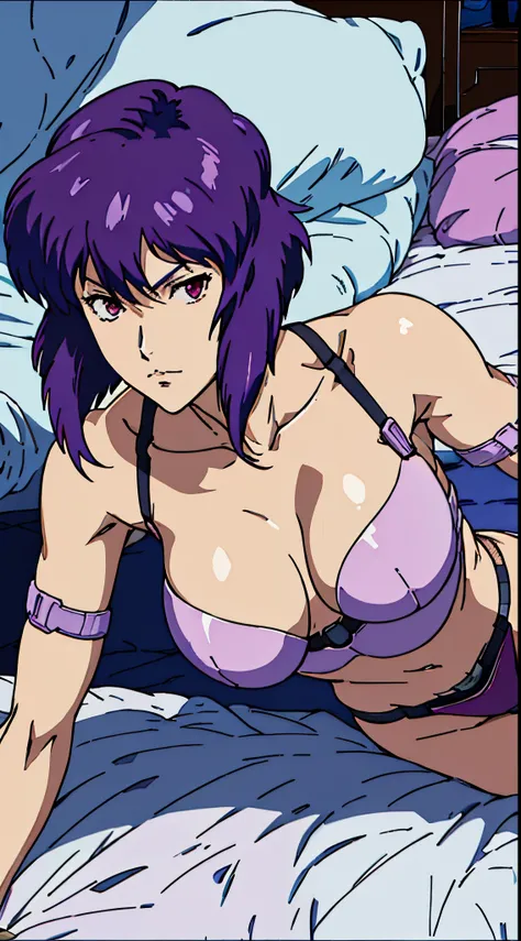 Cover with a quilt，Close-up of Motoko Kusanagi lying on the bed, Purple colored hair, red eyes,anime style beautiful woman, Lie down in bed，anime《Fantasma na Concha》Curly, kusanagi motoko, kusanagi, Blow blow, Ghost in the Shell movie scene, levi black lag...