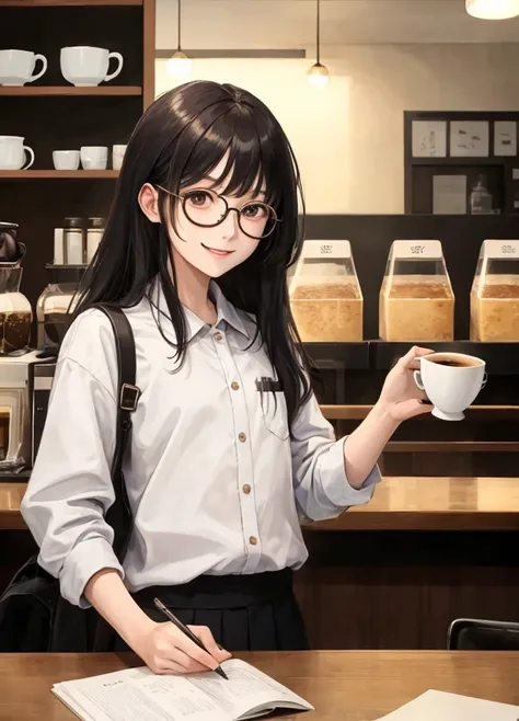 masuter piece、high-level image quality、1 bear、Wearing glasses、small coffee cup、cafes、enjoying a cup of coffee、Smiling and relaxed look、No clothes are worn、No background、Japan anime style、Comical illustration