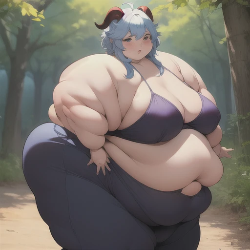 realistic lighting, natural light, (solo), (chubby girl), (curvaceous body), ganyu from genshin Impact, big cheeks, horns, ussbbw, short hair, big cheeks, white bra and panties, (tight suit), white skin, white Blue hair