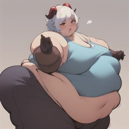 realistic lighting, natural light, (solo), (chubby girl), (curvaceous body), ganyu from genshin Impact, big cheeks, horns, ussbbw, short hair, big cheeks, white bra and panties, (tight suit), white skin, white Blue hair