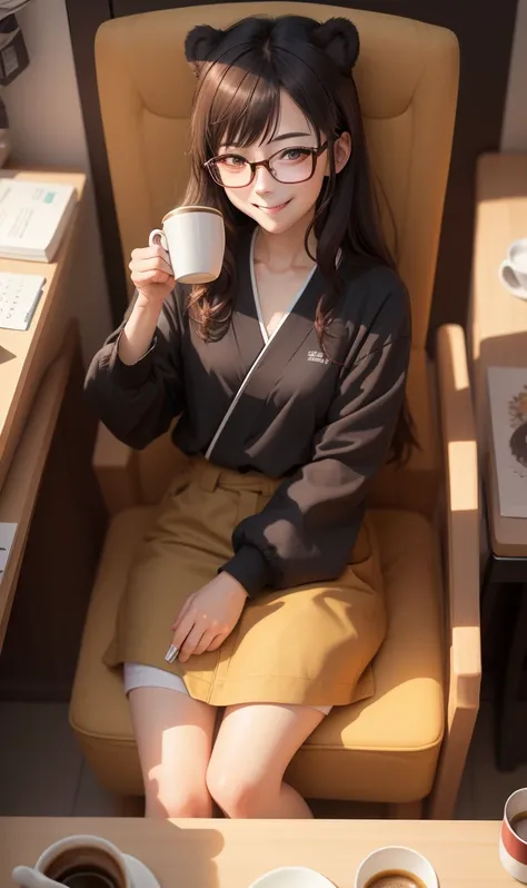 masuter piece、high-level image quality、1 wild bear、Wearing glasses、Sitting deeply in a chair、small coffee cup、enjoying a cup of coffee、Smiling and relaxed look、No background、Japan anime style、Comical illustration