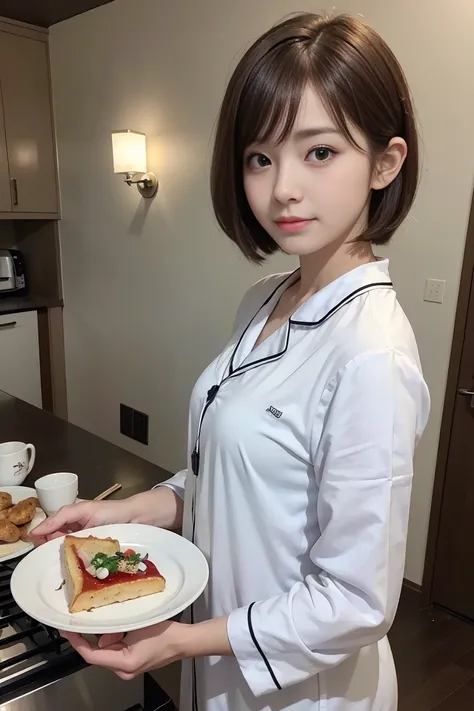 Cute 21 years old Japan、kitchin、cuisine、s Pajamas、Super Detail Face、Eye of Detail、二重まぶた、beautiful thin nose、foco nítido:1.2、prety woman:1.4、(light brown hair,Shortcut Hair, ),fair white skin、top-quality、​masterpiece、超A high resolution、(Photorealsitic:1.4)、...