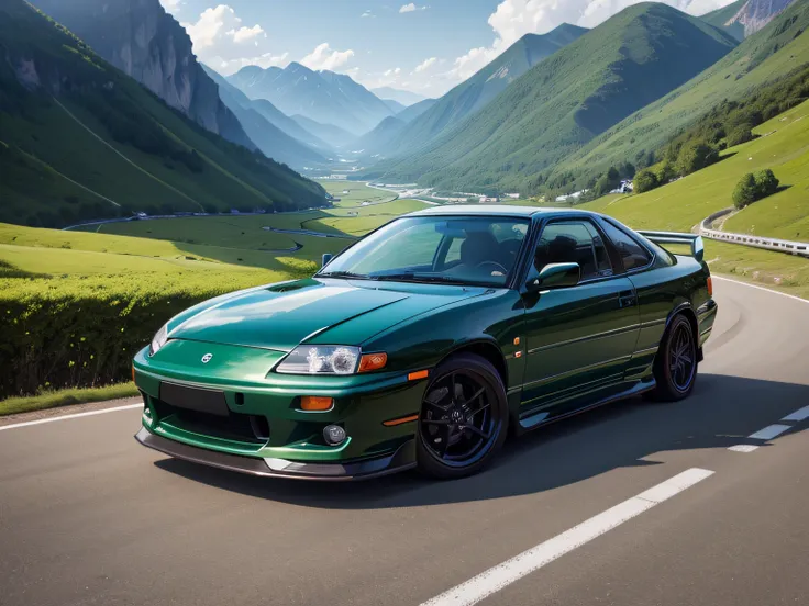 超A high resolution、An ultra-high picture quality、8K、Detailed details、marvelous expression、early summer valley、beautiful fresh green、A pitch black sports car runs on a mountain road built along the mountain......、Nissan Bluebird Sports Coupe 2000GTS-R