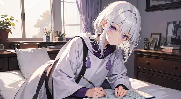 White hair, a purple eye, and soft, A boy studying in his room,In Studio Ghibli style