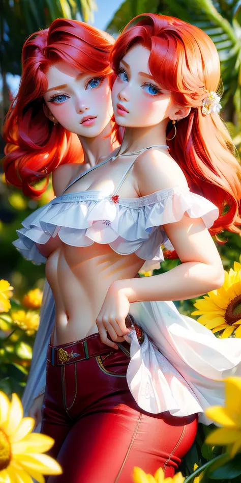 (masterpiece, best quality), best resolution, (2heads:1.5), realisticlying、女の子 1 人、Red-haired, heads side-by-side equally on chest, verd s eyes, radiant eyes, croptop, skinny pants, Parted lips, red blush, natta, florals, suns, sunlights