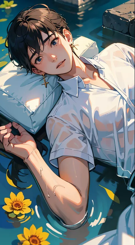 1boy, menino, teenaged, Young man, physically based rendering, Professional lighting, 極端なディテール, white  shirt, bouquet, Cross-earrings, Lying on the water, high brightness, refreshing, soft light, ((Single))), (独奏), lying down, Wet, Sheer Shirt