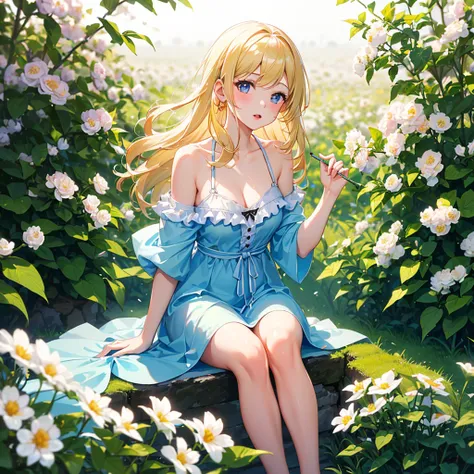 ((Best Quality, 8K, Masterpiece:1.3)), 1girl, lovely angel, flaxen hair, cherry-lipped beauty, sit on the flowering alfalfa, Singing With the lark, in the early morning , in the clear summer sun, (depth of field:1.3)