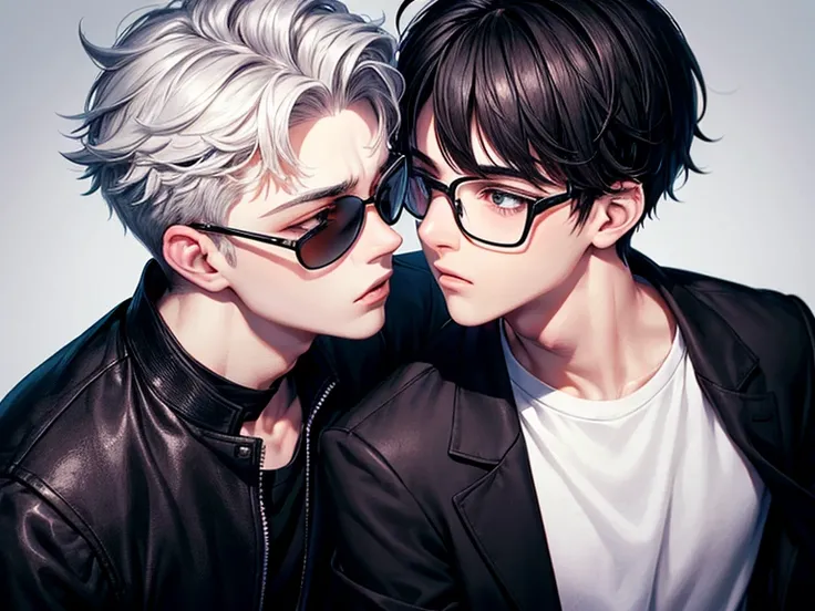 Two teenage boys, wearing white t-shirts and black jackets, wearing black and white glasses, one of the male characters has a beautiful face, and the other boy has a handsome face, a boy with a handsome face kisses a boy with a pretty face