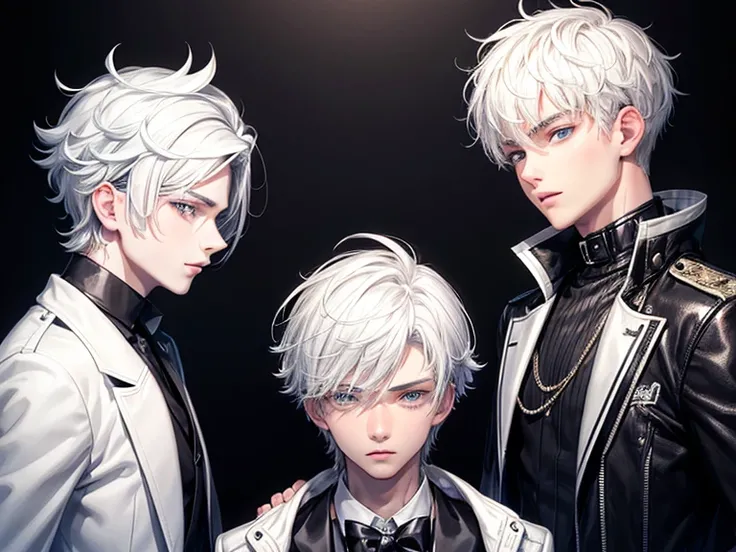 Two teenage boys, white hair, one teenage boy with a cute face, and one teenage boy with a handsome face, black and white jacket