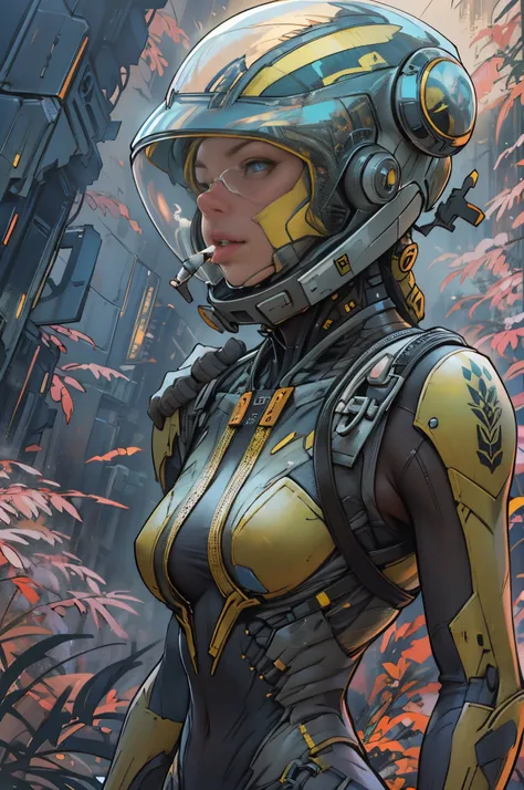 Award-winning close-up photos of women (Sci-fi explorer:1.3) Wear a helmet with a hexagonal glass visor, [Style-Psycho::10], next to one (Crashed vehicle:1.2), (smokes:1.4), Gaze upon a verdant alien planet, (mont:1.2) (tall grass:1.2), Rochas, The is very...