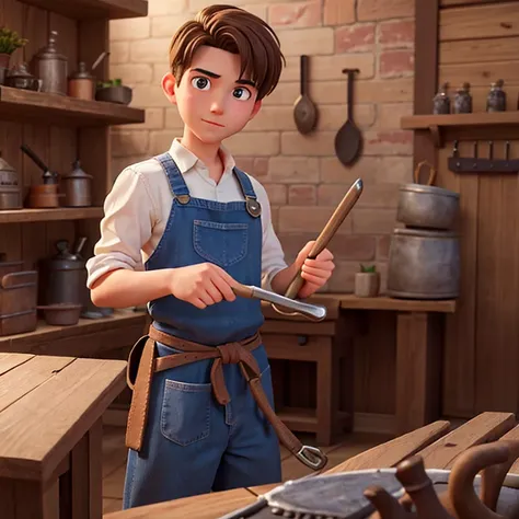 Henry Smith, a young man with kind eyes and a gentle demeanor, working diligently in the village blacksmiths shop.Visualize Henry, clad in a simple blacksmiths apron, hammering away at a glowing anvil. His youthful face, etched with determination, reflects...