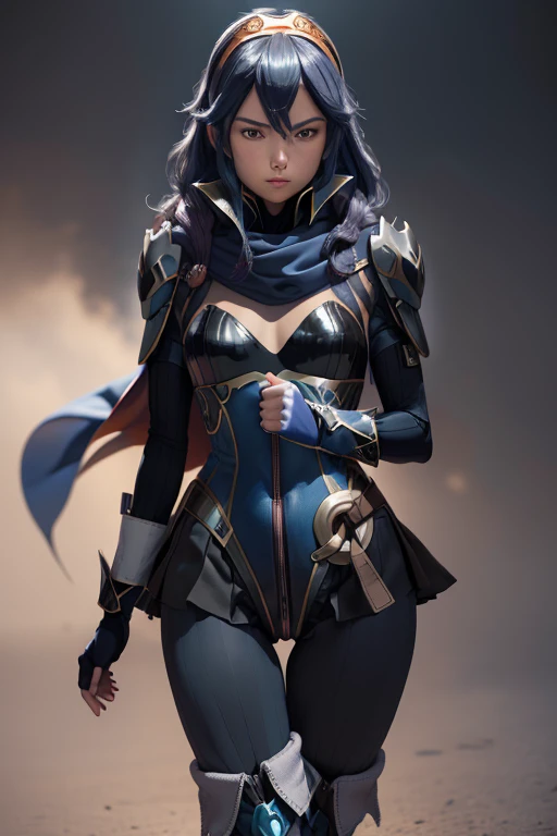 masterpiece, best quality,  defLucy, tiara, cape, blue scarf, blue coat, shoulder armor, long sleeves, belt, fingerless gloves, black pantyhose, thigh boots, walking, looking at viewer, serious, hand to own chest, ((Tight leotard)), ((sexy pose)), ((Wrestl...