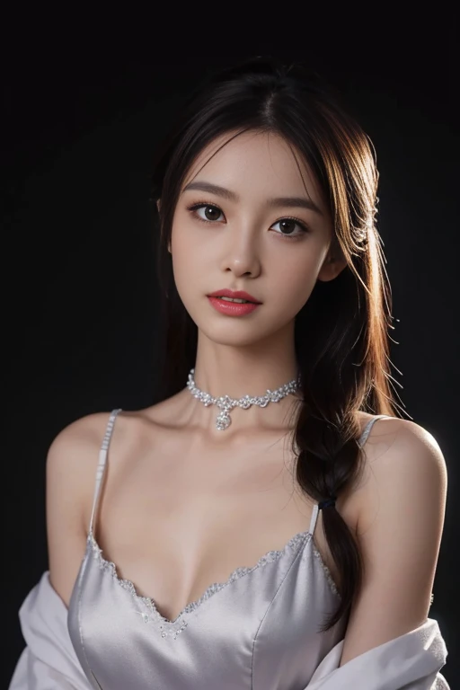 Best quality at best, tmasterpiece, A high resolution, 1个Giant Breast Girl,Chinese dress,hair adornments,choker necklace, jewely,pretty  face,above_body, dingdall effect,realisticlying, dark studio, edge lit, two color lights,(highdetailskin:1.2), 8k ultra...