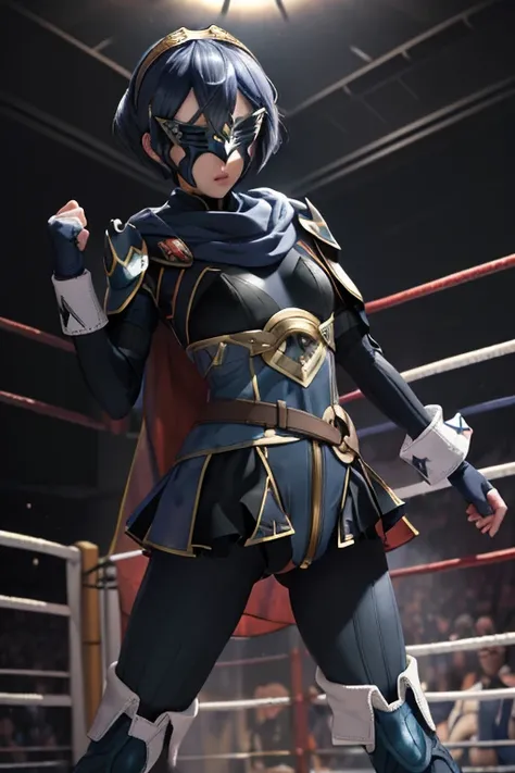 masterpiece, best quality,  defLucy, tiara, cape, blue scarf, blue coat, shoulder armor, long sleeves, cuffs, belt, fingerless gloves, black pantyhose, thigh boots, covered eyes, mask, short hair, ((Tight leotard)), ((sexy pose)), ((Wrestling ring)), wide ...