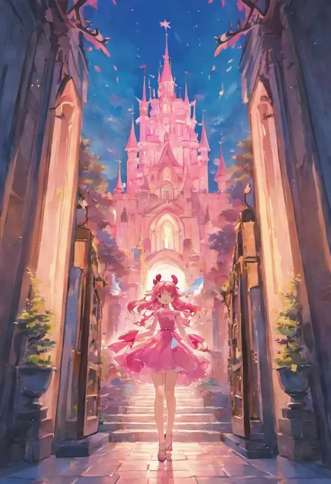 (watercolor:1.2), detailed illustrations of fairy pink tall castle, high detail, centred, front view, entrance view, in style of ghibli, hand drawn style