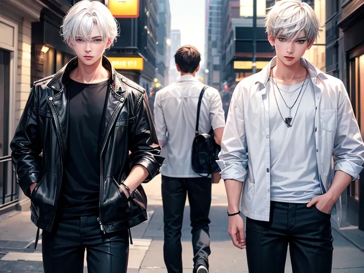 Two teenage boys, one of the teenage boys with white hair and a cute face, one of the teenage boys with black hair and a handsome face, wearing couple clothes