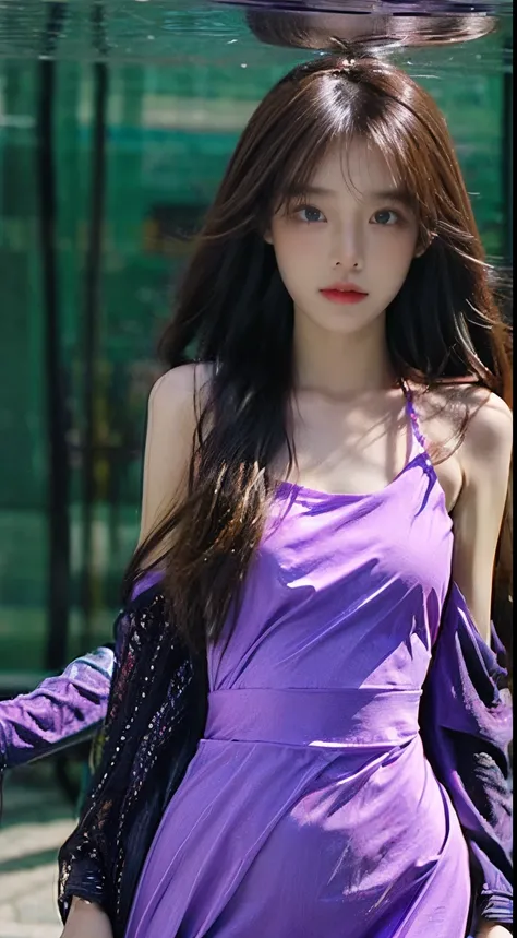 1 womanl,On the table,Best quality at best,超高分辨率,((perfect  eyes)),perfect body figure,Look away,(floating in the deep sea),(Light purple cotton dense long dress..........),((casual hair)),like a diamond underwater,a slight light,A fleeting but beautiful s...