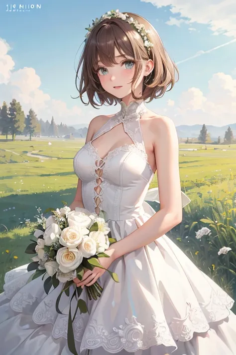 (Ultra-detailed:1.3), (Illustration:1.2), (disheveled hair, Beautiful detailed eyes)1.1, (High resolution),
(Solo), (1 girl), 
17 years old, brown hair and short hair, Intake,
（berline wedding dress:1.2),

fluffy hair, blond eyes, private style,
meadow bac...