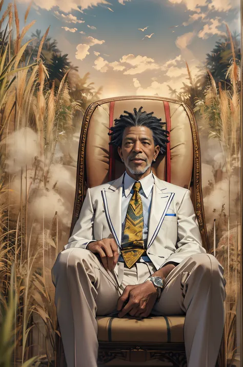 African American actor（Morgan Freeman（Morgan Freeman））of photos，《Fake god》God in（By Morgan Freeman（Morgan Freeman） play），Nemu（Morgan Freeman（Morgan Freeman））dressed in a：Sophisticated white suit，Sit in a white chair，Smile at the camera，(mont:1.2) (tall gra...