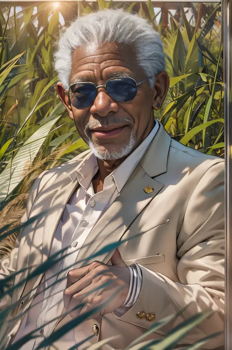 African American actor（Morgan Freeman（Morgan Freeman））of photos，《Fake god》God in（By Morgan Freeman（Morgan Freeman） play），Nemu（Morgan Freeman（Morgan Freeman））dressed in a：Sophisticated white suit，Sit in a white chair，Smile at the camera，(mont:1.2) (tall gra...