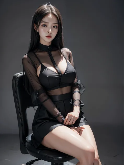 Sitting on chair in black dress, Korean female fashion model, transparent gray skirt, mesh shirt, chrome clothes, shiny silver, lucky I look, big breasts, best quality, masterpiece, super high resolution, realistic,