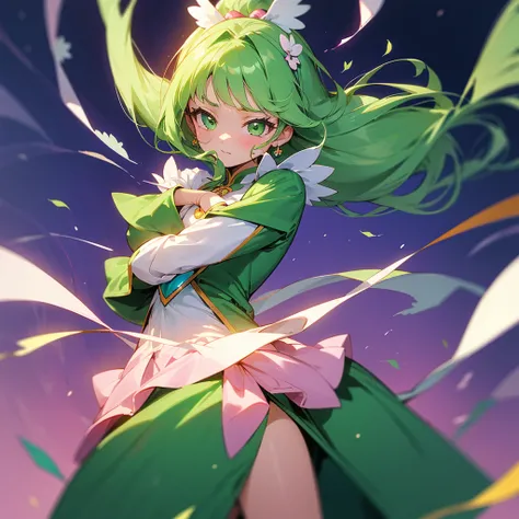 14years,girl with,Precure,Green costume,magical little girl,Green eyes,animesque,Green hair,One Conclusion,Gentle,stele,Leaf motifs,Strongest,bro,Decided Pose,The human,独奏,high-level image quality,hightquality,pink hues,bow ribbon,heart mark,gloves,cute li...