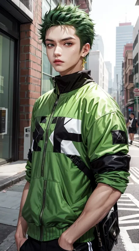 Masterpiece, 1boy, Superb Style, Urban Streetwear chothes, Outdoor, Upper Body, zoro, bright eyes, green hair, cool boy