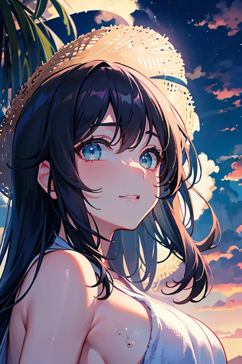 extremely details CG，UHD Wallpapers， Extremely detailed，（（（best qualtiy）））， （（ultra-detailliert））， 1 milf, huge black tits_hair， Blue_Eyes， Large breasts，（Naked_a towel）， 云， cloudy_skyporn， crepuscular， natta， gradient_skyporn， Horizon， up looking_で_peepin...