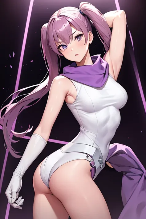 masterpiece, best quality, serra, purple eyes, long white dress, sleeveless, elbow gloves, purple scarf, belt, ((Tight leotard)), ((sexy pose)), ((Wrestling ring)), looking at viewer, from behind, surprised