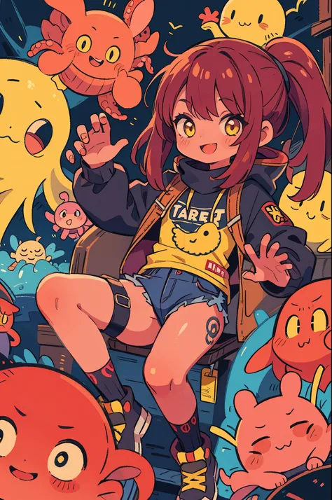 Octopus girl, Red skin, Yellow eyes, Smiling, Punk fashion.