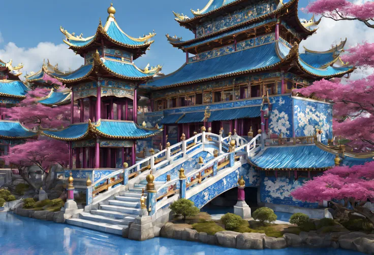 Chinese Cloisonné and Blue and White Porcelain Theme Park，Complex structure，Chinese bracket art，Asymmetrical balance ，( magenta ）Carmine＋( blue white colors ）Blue-cyan＋( tin foil gold ）golden colored，Super clear texture，glyphic，Ultra HD images，Fantasyart，u...