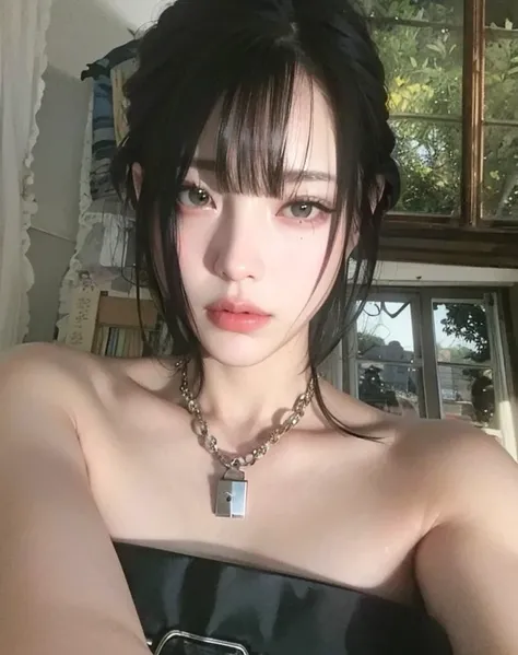 hay una mujer con un collar y un celular, dilraba dilmurat, Ella tiene el pelo negro con flequillo, Kiko Mizuhara, Yoshitomo Nara, con flequillo, Sui Ishida con cabello negro, ulzzang, Xintong Chen, Tifa Lockheart, Shikamimi, Sakimichan