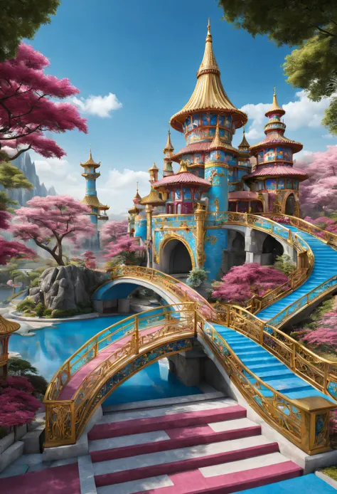 China Cloisonné Theme Park，dreamland dreamland，ultra-realistic realism， Carefully designed using European and American designs），Asymmetrical balance ，( magenta ）Carmine＋( blue white colors ）Blue-cyan＋( tin foil gold ）golden colored