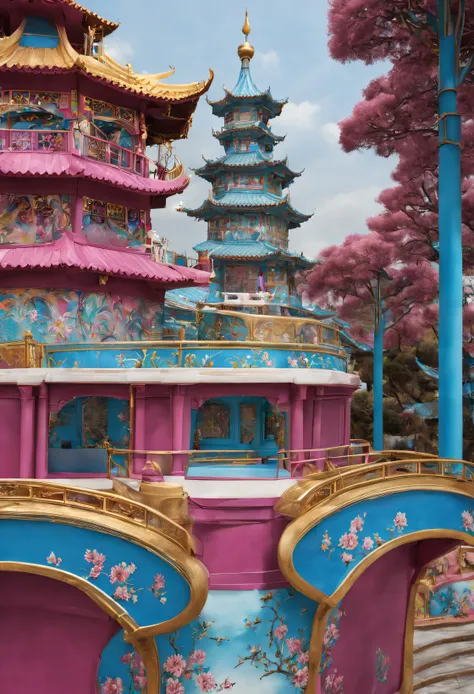 China Cloisonné Theme Park，dreamland dreamland，ultra-realistic realism， Carefully designed using European and American designs），Asymmetrical balance ，( magenta ）Carmine＋( blue white colors ）Blue-cyan＋( tin foil gold ）golden colored