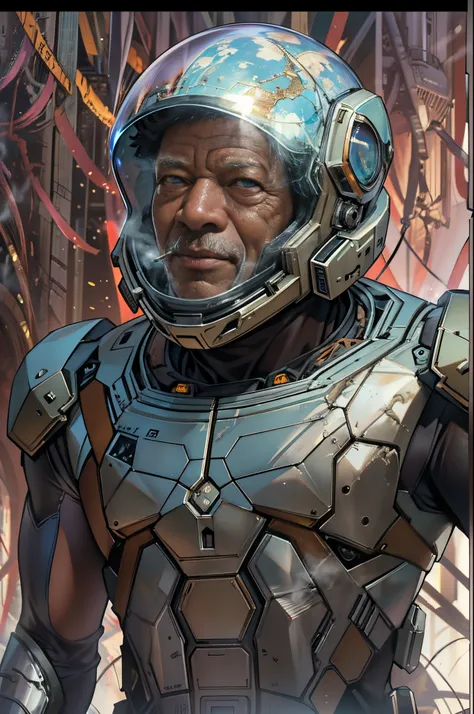 Award-winning close-up photos of men (Sci-fi explorer:1.3) ，（Morgan Freeman（Morgan Freeman）），Nemu（Morgan Freeman（Morgan Freeman）：1.4）Wear a helmet with a hexagonal glass visor, [Style-Psycho::10], in a (Crashed spaceship:1.2)beside, (smokes:1.4), Gaze at a...