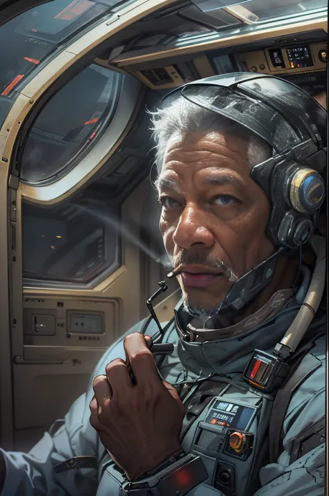 Award-winning close-up photos of men (Sci-fi explorer:1.3) ，（Morgan Freeman（Morgan Freeman）），Nemu（Morgan Freeman（Morgan Freeman）：1.4）Wear a helmet with a hexagonal glass visor, [Style-Psycho::10], in a (Crashed spaceship:1.2)beside, (smokes:1.4), Gaze at a...