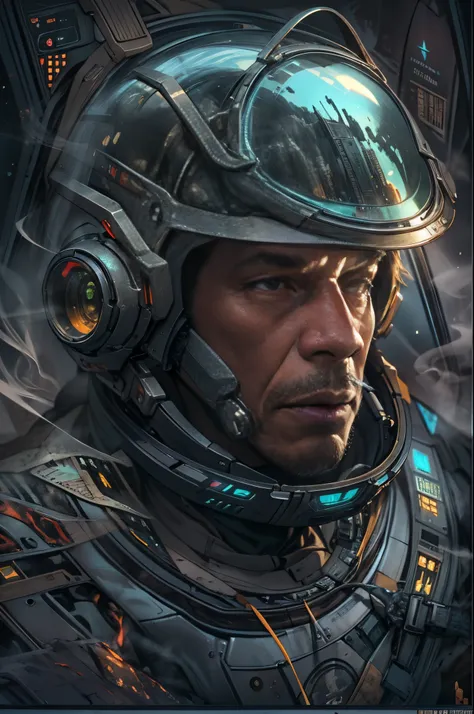 Award-winning close-up photos of men (Sci-fi explorer:1.3) ，（Morgan Freeman（Morgan Freeman）），Nemu（Morgan Freeman（Morgan Freeman）：1.4）Wear a helmet with a hexagonal glass visor, [Style-Psycho::10], in a (Crashed spaceship:1.2)beside, (smokes:1.4), Gaze at a...