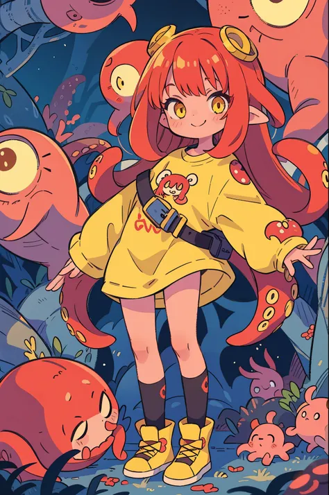 Tentacles growing from a girl&#39;s body, Octopus girl, Red skin, Yellow eyes, Smiling, punk fashion.