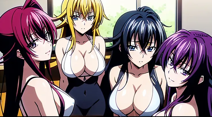 Group of 3 girls, two are clothed (Akeno and Saeko), the girl in the middle is naked (Rias), the two next to her seem aroused by looking at her, fully body included in picture, they are interested in the one naked girl, oppai, lesbians, hentai, ecchi