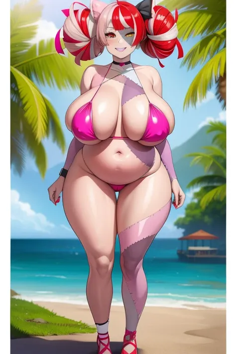 kureji ollie - hololive, 1girl, (((bimbo))), double buns, heterochromia, red eyes, yellow eyes, (((bimbo))), zombie, patchwork skin, thin lips, painted lips, shy smile face, pregnant belly, big belly, wide hips, thick thighs, huge round ass, enormous natur...