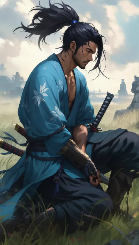 Yasuo close-up, Handsome guy in the art of slaying demons, author：Hero, Rob Ray and Kentaro Miura style, miyamoto musashi, Samurai style, samurai man tramp, Inspired by JANASHANLE, ross tran 8 k, Shen Haicheng，Phone close-up，Yaso, Yasuo in League of Legend...