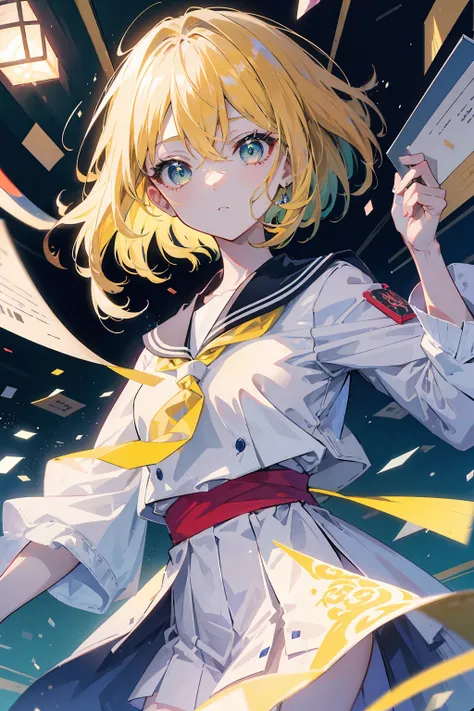 (masterpiece, beautiful, aesthetic, vibrant, official anime art, insane quality, 8k, 4k, intricate details, aesthetic, vibrant, 1girl), slightly short blonde hair, green eyes, japanese school uniform, japanese sailor uniform, perfect body, perfect face, pe...