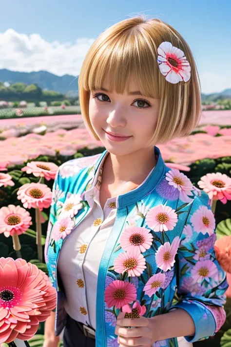 (gigantic breast:1.4),(shiny skin:1.5),(a girl:1.5),(apart breast:1.2),(smile:1.2),(young beautiful girl:1.5),
(flower print jacket and white button down blouse :1.5),
(very short hair :1.5),(wind:1.5),
(gerbera farm:1.5),(blond hair:1.5),
(bangs:1.5),