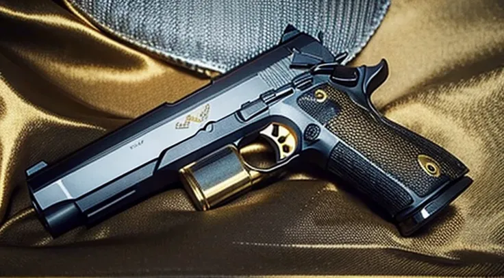 pistol, There is a golden mesh pattern on the gun, The gun has a golden eye pattern on it, Gun placed on black cloth