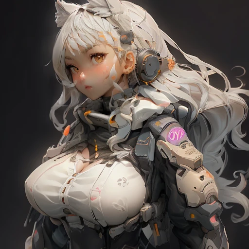 Cute big breasts, k hd, ((There is a smartphone on the chest)), detailed shadow, ((Complicated details)), big round brown eyes，White hair，（long, floated hair）