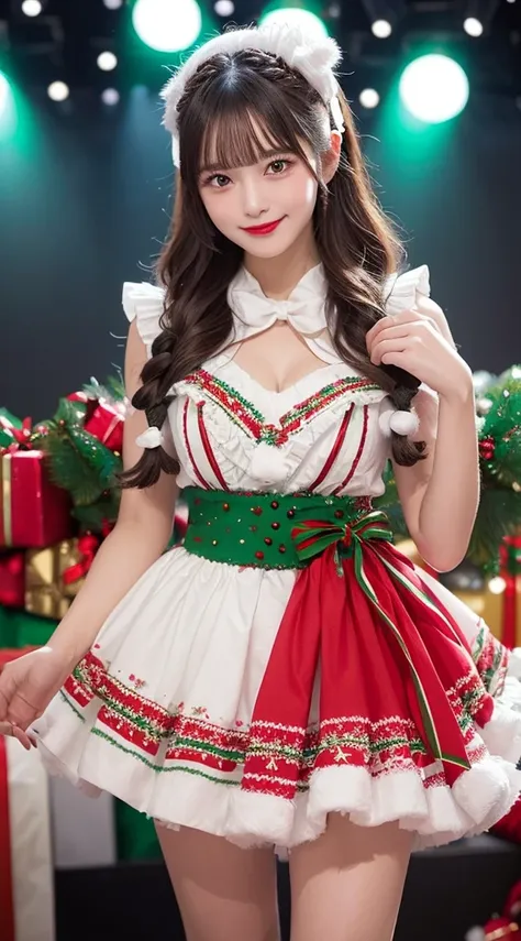 masutepiece, Best Quality, Illustration, Ultra-detailed, finely detail, hight resolution, 8K Wallpaper, Perfect dynamic composition, Beautiful detailed eyes, mid-chest, Natural Color Lip, Random and sexy poses,Smile、(Authentic decorated idol costume ((Ruff...