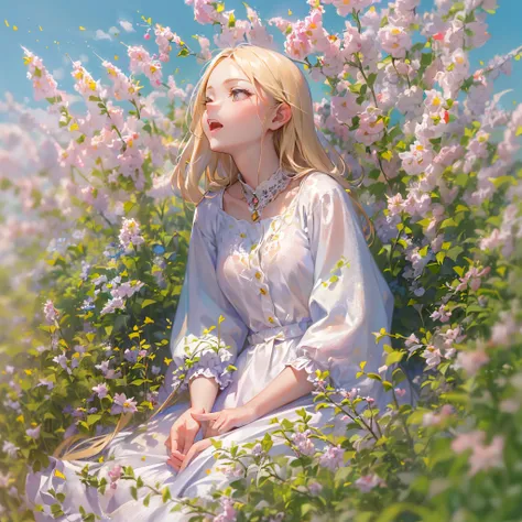 ((best quality, 8k, masterpiece:1.3)), 1girl, lovely angel, flaxen hair, cherry-lipped beauty, sit on the flowering alfalfa, sin...