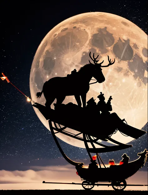 Silhouette of Santa Claus flying through the sky on a sleigh pulled by reindeer reflected in the moon