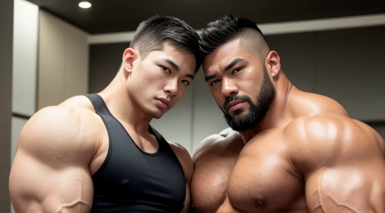 (Very detailed 8k wallpaper), two asian men, muscle worship, arms folded, At the gym, high detailing, buzzcut, very large and strong body, bulging muscles, well-muscled, very large pectoral muscles. Very sexy abs, legs are muscular, Toned figure, lightens ...