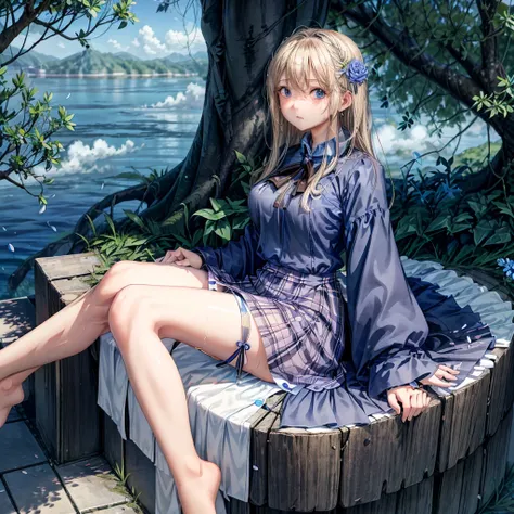 a blond、blue eyess、one good looking girl、animesque、lightly dressed、Plaid miniskirt、flower petals、bare-legged、wetting hair、Black T-shirt、sitting on、sea of clouds、large tree、large tree、large tree